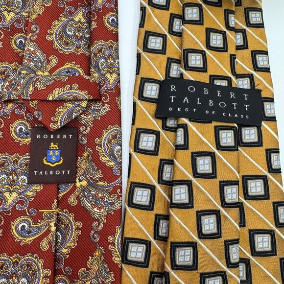 Robert Talbott 100% Silk Two Tie Bundle - Red Paisley & Gold Geometric Patterns - Picture 4 of 7